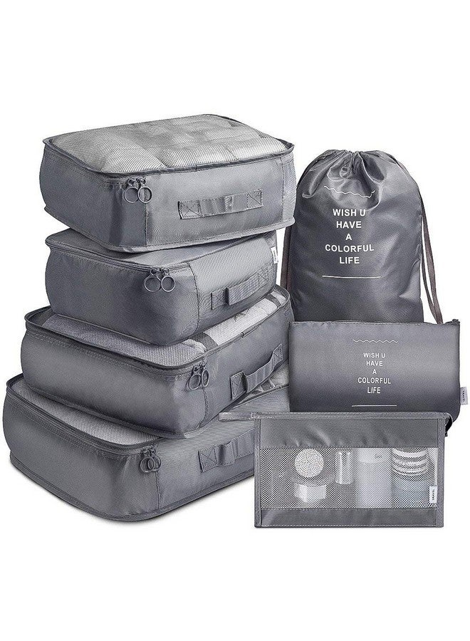 TS WITH TECHSUN 7 Pcs Travel Organizer Pouch Packing Cubes for Clothes Space Savers Bags Cosmetics/Underwear/Socks/Shoes Toiletry Bag Laundry Organiser (Nylon) (Grey) - Image 1