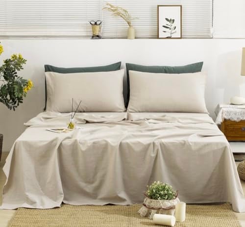 TUMEI 100% French Linen Sheets Queen Size, 4-Piece Linen Bed Sheet Set Queen, Breathable & Cooling, Soft & Durable, 16" Deep Pocket, 1 Flat Sheet, 1 Fitted Sheet, 2 Pillowcases (Queen, Natural Linen) - Image 1