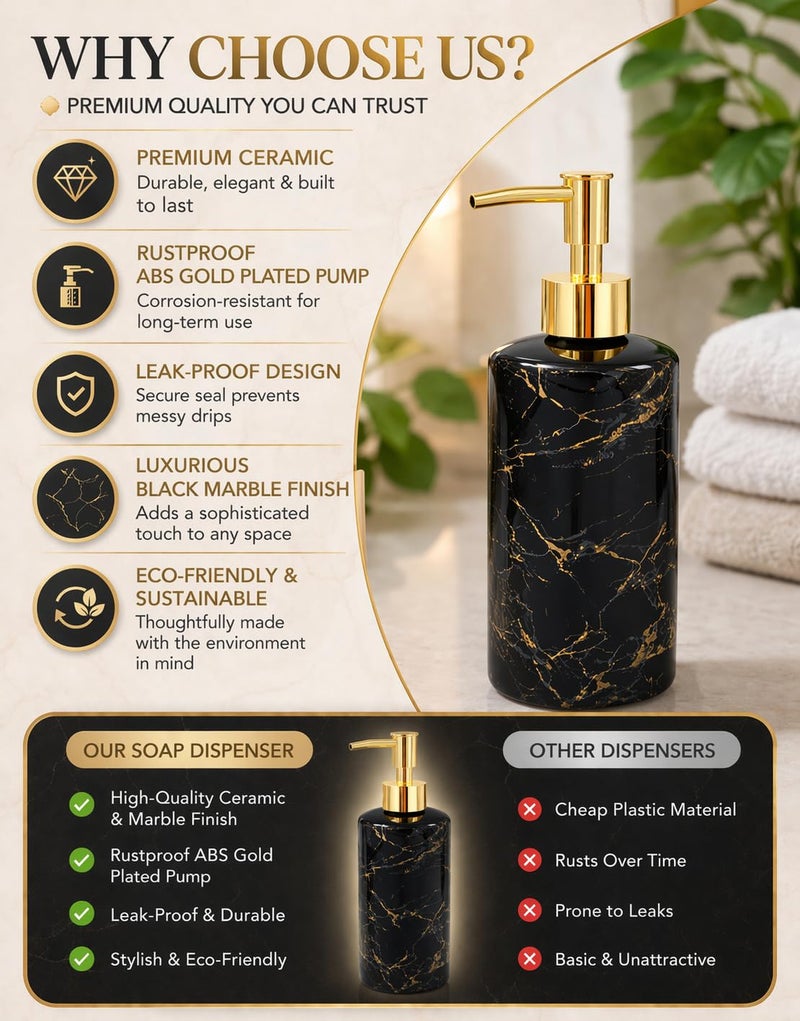 Whizzo Italian Concept Design Ceramic Liquid Soap, Shampoo, Conditioner, Shower Gel Dispenser (500ML, WZ-LD-076-Black) - Image 5