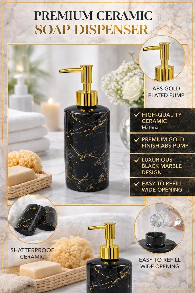 Whizzo Italian Concept Design Ceramic Liquid Soap, Shampoo, Conditioner, Shower Gel Dispenser (500ML, WZ-LD-076-Black) - Image 2