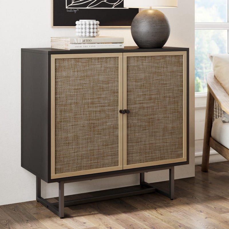 Nathan James Nathan James Kova Rattan Wood Accent Sideboard Storage Cabinet with Matte Metal Frame Adjustable Interior Shelves and Cane Doors for Hallway Entryway or Living Room Black OakCane