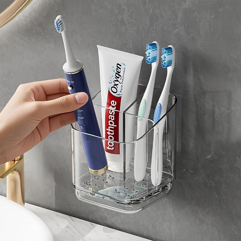 Transparent Wall Mounted Toothbrush Holder With Drain For Bathroom Storage - Image 1