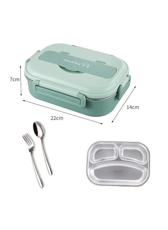 Hawaii - Lunch Box with Spoon Fork 304 Stainless Steel box 3 Compartments Lunch Container for Kids and Adults Food Safe Materials and Leak Proof Matte Green Small - Image 1