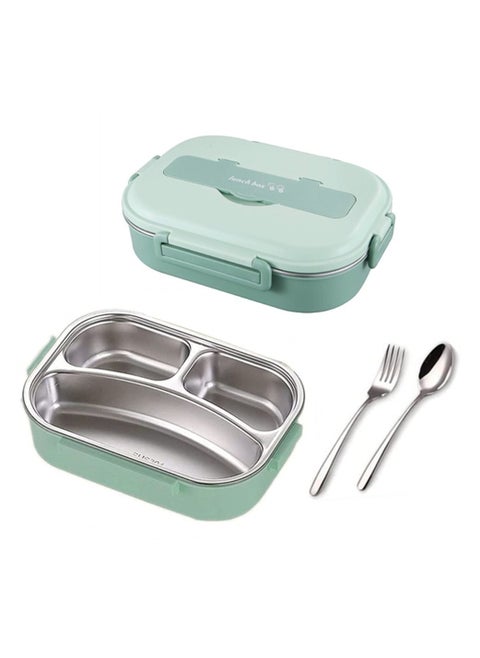 Lunch Box with Spoon Fork 304 Stainless Steel box 3 Compartments Lunch Container for Kids and Adults Food Safe Materials and Leak Proof Matte Green Small
