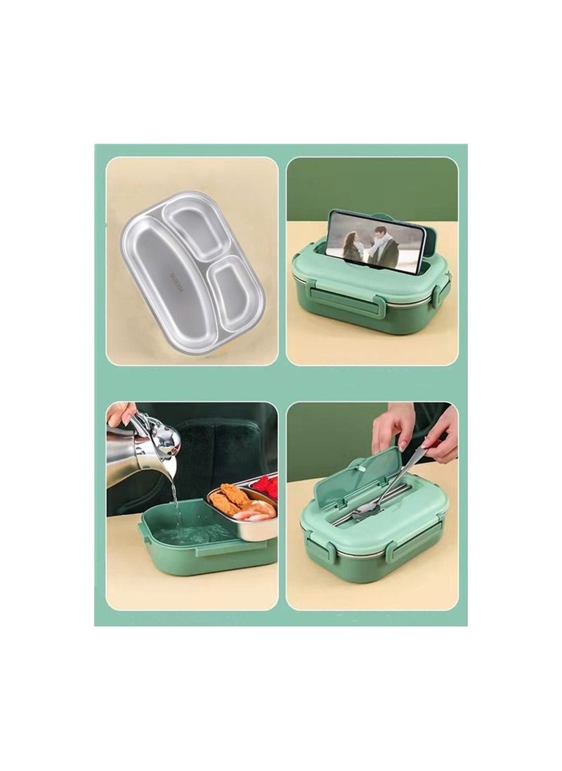 Hawaii - Lunch Box with Spoon Fork 304 Stainless Steel box 3 Compartments Lunch Container for Kids and Adults Food Safe Materials and Leak Proof Matte Green Small - Image 1