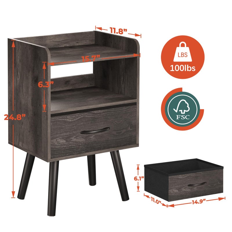 Yoobure Night Stand with Fabric Drawer, Modern Nightstand, Bedside Tables, Mid Century Nightstands with Open Storage Shelf, Wood Bedside Table, Small Night Stands for Bedrooms, 2-Tier Night Table - Image 2