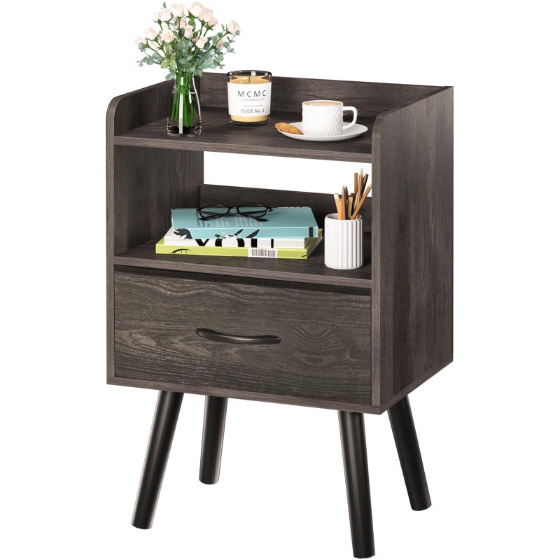 Yoobure Night Stand with Fabric Drawer, Modern Nightstand, Bedside Tables, Mid Century Nightstands with Open Storage Shelf, Wood Bedside Table, Small Night Stands for Bedrooms, 2-Tier Night Table - Image 1