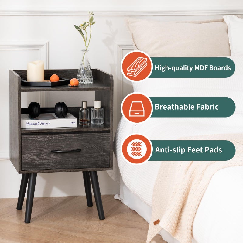 Yoobure Night Stand with Fabric Drawer, Modern Nightstand, Bedside Tables, Mid Century Nightstands with Open Storage Shelf, Wood Bedside Table, Small Night Stands for Bedrooms, 2-Tier Night Table - Image 3