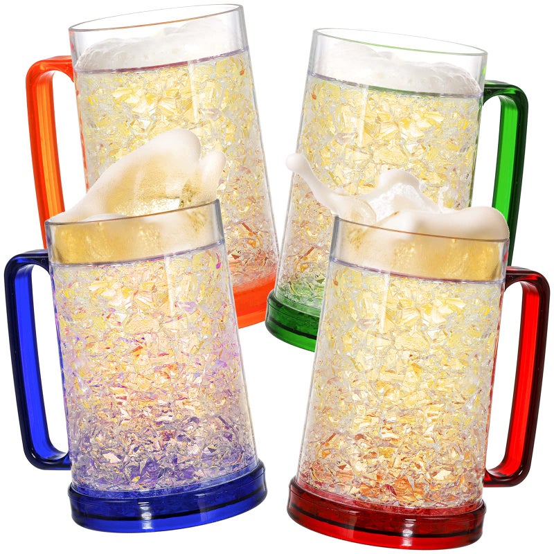 Fasmov Freezer Beer Mugs 4 Pack Double Wall Gel Frosty Freezer Ice Mugs Plastic Beer Mugs With Handles for Parties and Gifts 16oz Blue Red Orange and Green