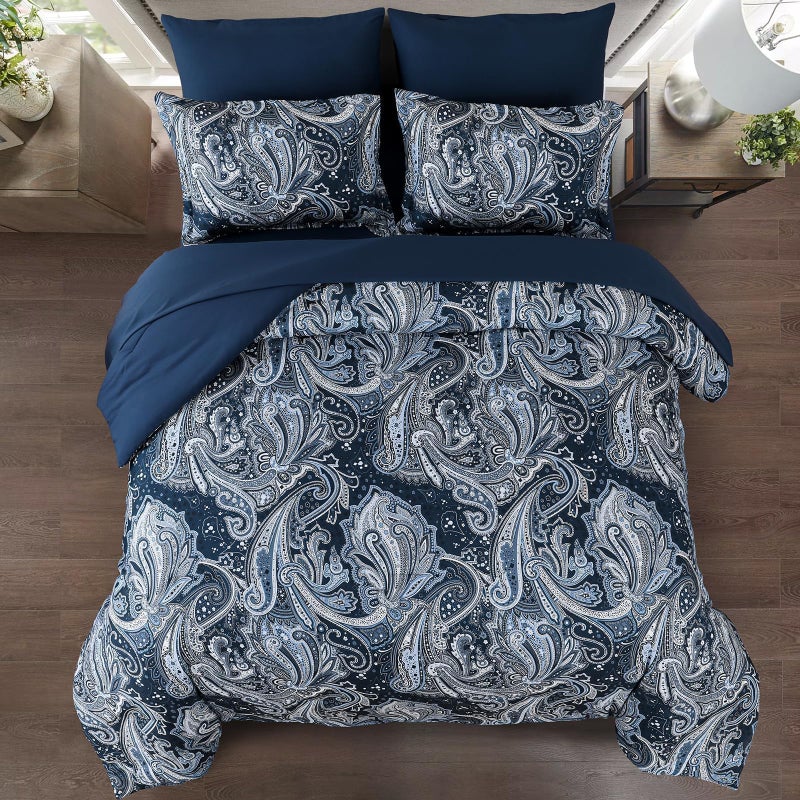 DJY Navy Paisley Comforter Set Full Size 7 Piece Bed in a Bag Boho Paisley Pattern Comforter Set Soft Lightweight Microfiber Blue Reversible Bedding Set for All Season - Image 3