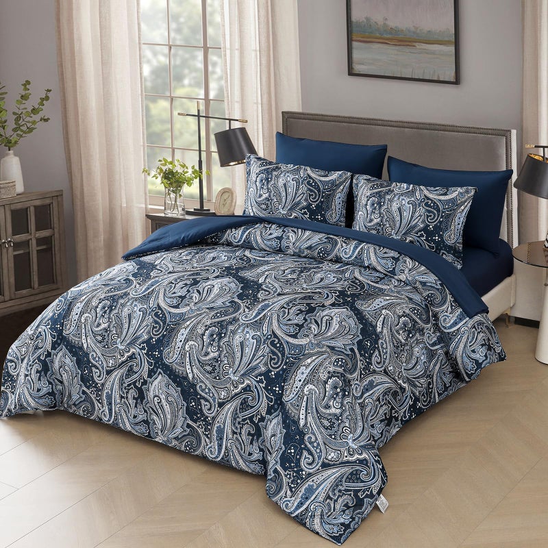 DJY Navy Paisley Comforter Set Full Size 7 Piece Bed in a Bag Boho Paisley Pattern Comforter Set Soft Lightweight Microfiber Blue Reversible Bedding Set for All Season - Image 2