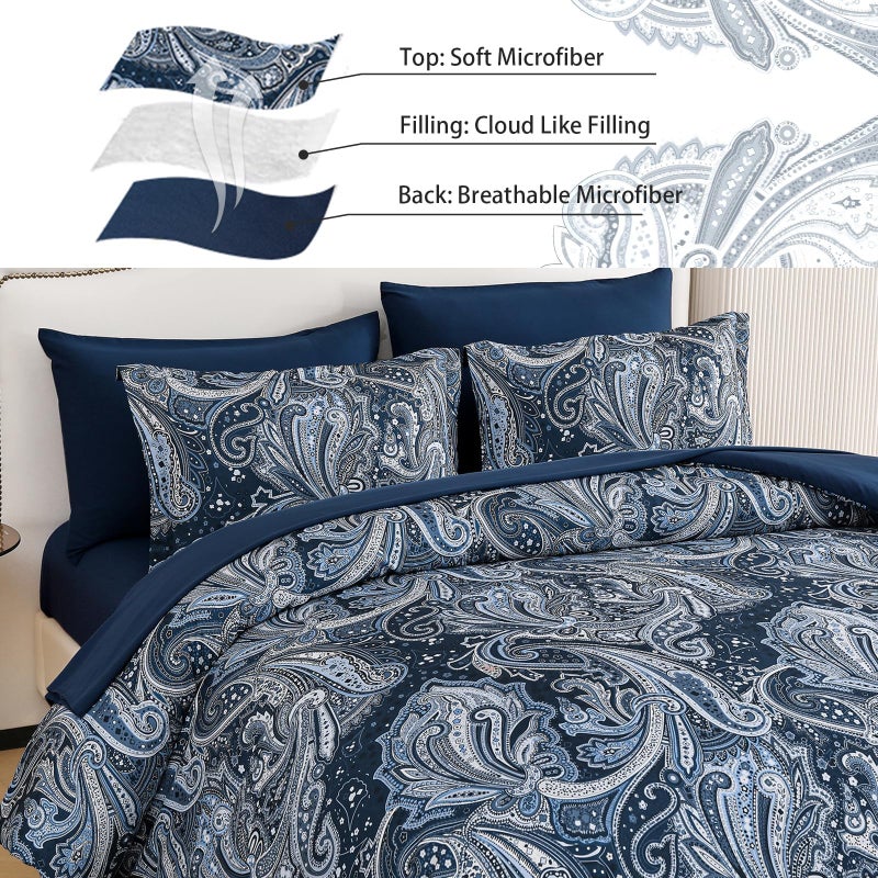 DJY Navy Paisley Comforter Set Full Size 7 Piece Bed in a Bag Boho Paisley Pattern Comforter Set Soft Lightweight Microfiber Blue Reversible Bedding Set for All Season - Image 4