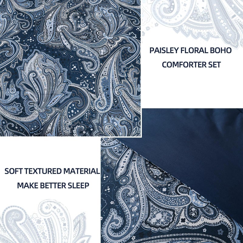 DJY Navy Paisley Comforter Set Full Size 7 Piece Bed in a Bag Boho Paisley Pattern Comforter Set Soft Lightweight Microfiber Blue Reversible Bedding Set for All Season - Image 5