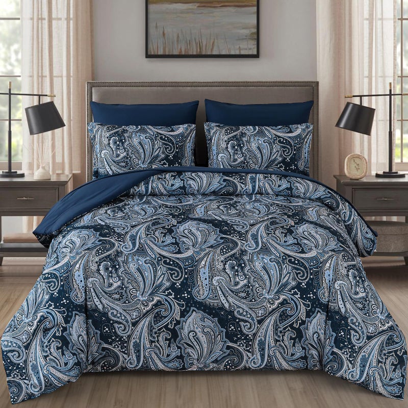 DJY Navy Paisley Comforter Set Full Size 7 Piece Bed in a Bag Boho Paisley Pattern Comforter Set Soft Lightweight Microfiber Blue Reversible Bedding Set for All Season - Image 1