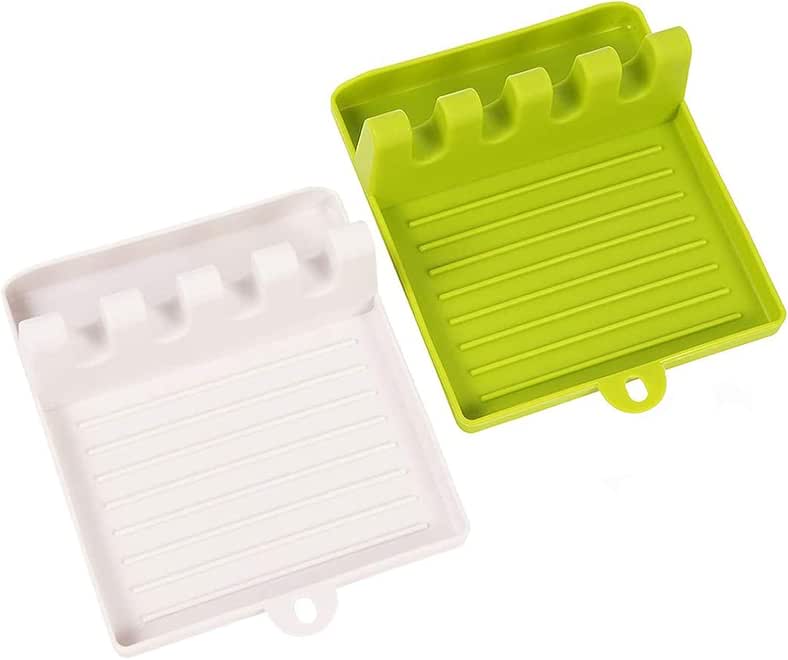 DELFINO Spoon Rest for Kitchen, 2 Pcs Food PP Material BPA-Free Silicone Utensil Rest with Drip Pad for Multiple Utensils & Spoon Holder for Stove Top for Spoons, Ladles, Tongs White & Green