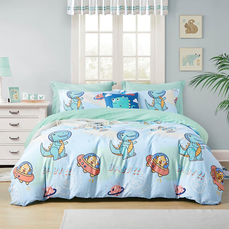 SAPHREAS SAPHREAS Cartoon Dinosaur Kids Duvet Cover Set Queen Size 4pcs with Fitted Sheet 100 Cotton Children Bedding Comforter Cover Set Comforter Not Included 