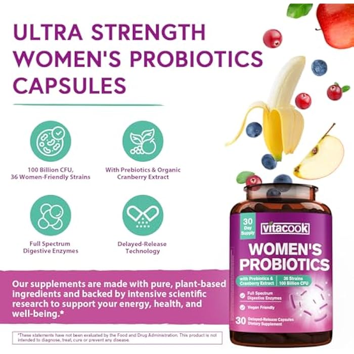Vitacook Probiotics for Women 100 Billion CFU 36 Strains, Women's Probiotic with Prebiotics & Digestive Enzymes, Organic Cranberry, Boost Digestive, Vaginal & Urinary Health, 30 Vegan Caps - Image 4