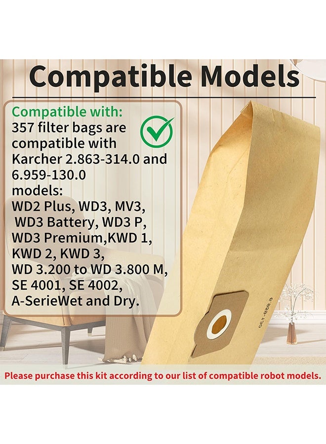بكومور عبوة من 10 أكياس فلتر ورقية لمكنسة Karcher WD3 / WD3P الكهربائية - أكياس تجميع غبار بديلة، فلتر للاستخدام مرة واحدة جاف ورطب - Image 2