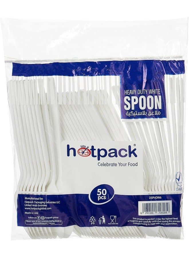 HOTPACK Heavy Duty Plastic Spoons White, 50 Pieces