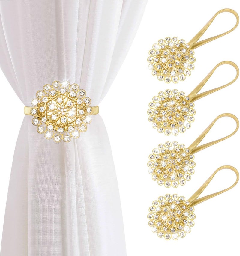 AULEEP Magnetic Curtain Tiebacks, 4 Pack Modern Metal Curtain Tie Backs, Indoor & Outdoor Use Decorative Drapes Clips Buckle with Crystal Flower Beads for Thin or Thick Curtains(Crystal Gold) - Image 1