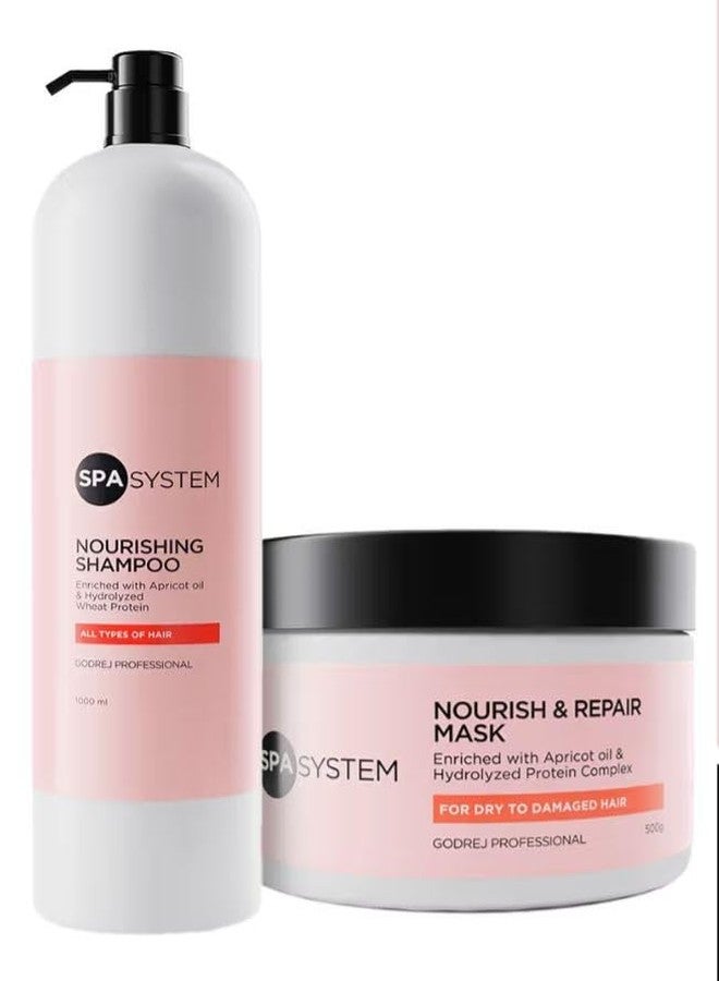 Spa System Nourishing Shampoo (1000 ml) & Mask (500 gm) | Enriched with apricot oil, silk amino acids & shea butter || NORMAL TO FRIZZY & UNRULY HAIR || ORIGINAL PRODUCT - Image 1