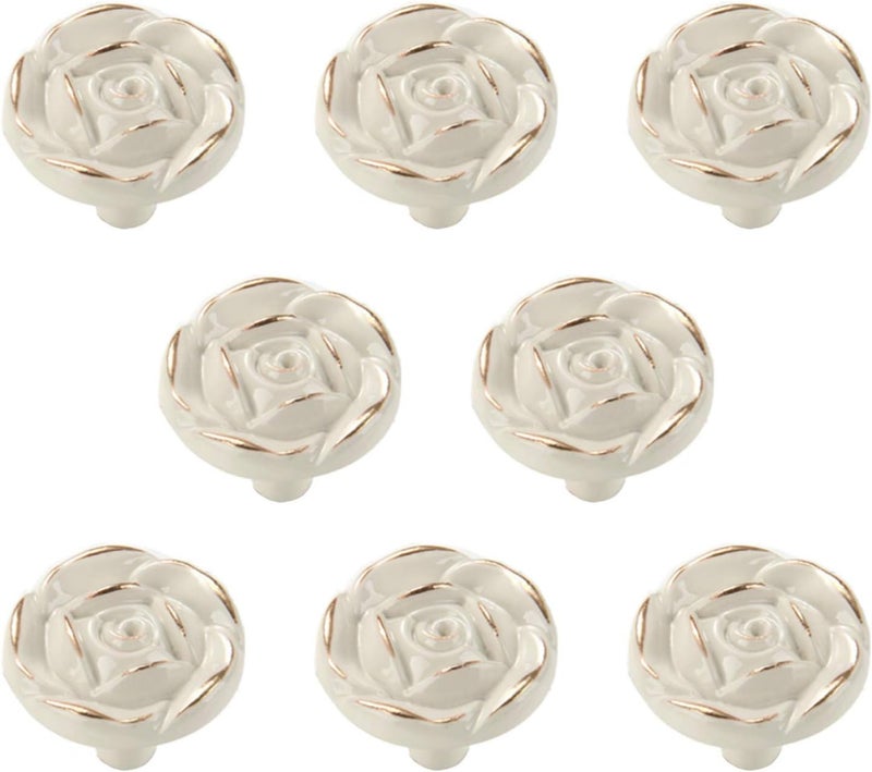 Joyindecor Multi-use detailed build Antique Rose Flower Cabinet Knobs, Vintage Kitchen Shabby Chic Zinc Alloy White Drawer Pull Handles for Dresser Vanity Nightstand Cupboard Wardrobe, 8 Pack (Golden Line) Protective coating - Image 1