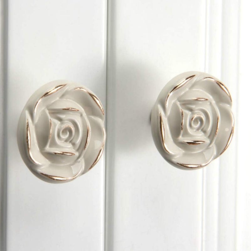 Joyindecor Multi-use detailed build Antique Rose Flower Cabinet Knobs, Vintage Kitchen Shabby Chic Zinc Alloy White Drawer Pull Handles for Dresser Vanity Nightstand Cupboard Wardrobe, 8 Pack (Golden Line) Protective coating - Image 3