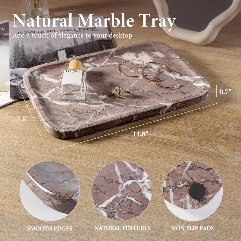 Koville صينية رخامية، 12"x8" صينية رخامية لحمام المطبخ، صينية حجرية مستطيلة لمستحضرات التجميل والعطور والتحف، صواني زخرفية (لافندر) - Image 2