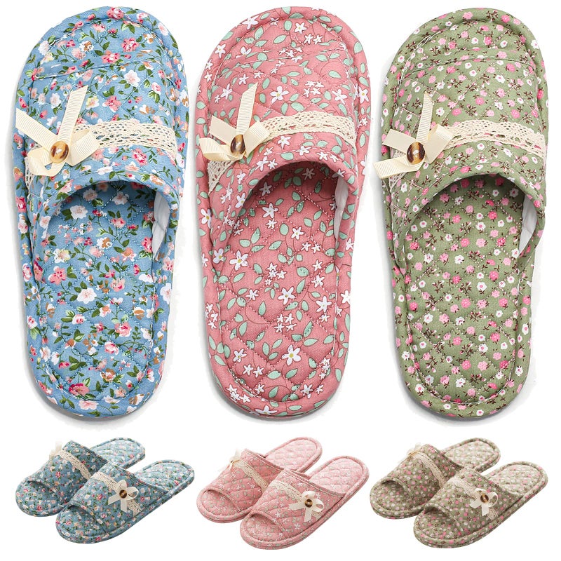 biroris 3 Pairs Floral Cotton House Slippers for Women Open Toe Indoor Slippers Comfortable Washable Portable Foldable Guest Travel Hotel Airplane Spa Slippers - Image 2
