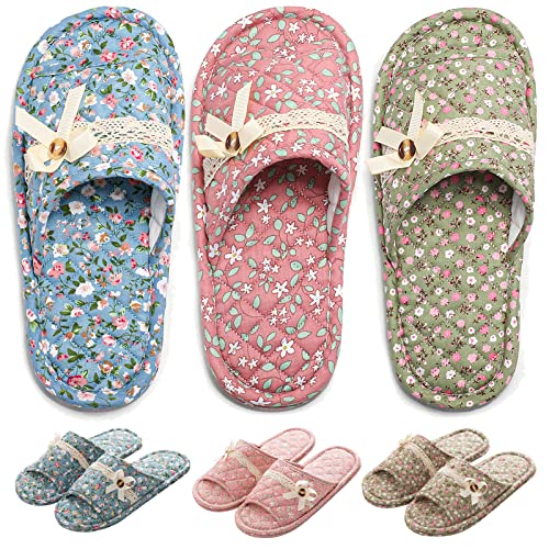 biroris 3 Pairs Floral Cotton House Slippers for Women Open Toe Indoor Slippers Comfortable Washable Portable Foldable Guest Travel Hotel Airplane Spa Slippers - Image 1