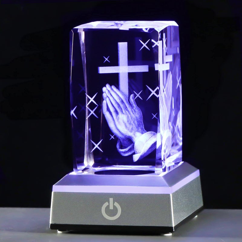 YWHL YWHL 3D Crystal Cross Figurine with Colorful Light Base Laser Engrave Praying Hands Religious Gifts for Women Man Christian Gifts for Friend 