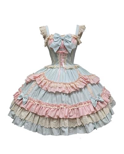 Smiling Angel Girls Sweet Lolita Dress Pink Layered Ruffle Dress with White Lace Trim and Bows Cosplay Costumes Blue Small - Image 1