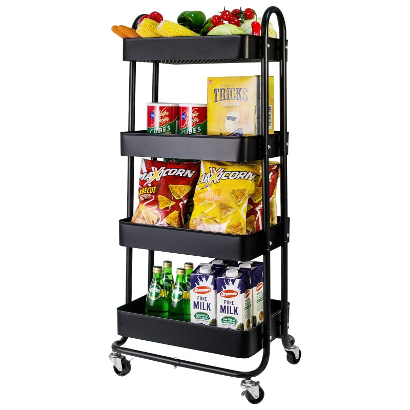 elabo 4Tier Metal Mesh Utility Rolling Cart Storage Organizer Trolley Services Cart with Lockable Wheels for Kitchen Bathroom Living Room Black