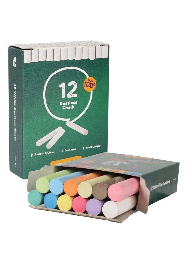 kedudes Chalk For Kids - 24 Pack Colored Chalk For Chalkboard - 12 Pack Of Dustless White Chalk And 12 Pack Of Assorted Colors - Chalk For Kids And Toddlers - 2 Boxes, White And Multicolor - Image 1