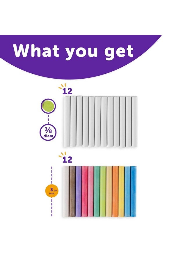 kedudes Chalk For Kids - 24 Pack Colored Chalk For Chalkboard - 12 Pack Of Dustless White Chalk And 12 Pack Of Assorted Colors - Chalk For Kids And Toddlers - 2 Boxes, White And Multicolor - Image 2