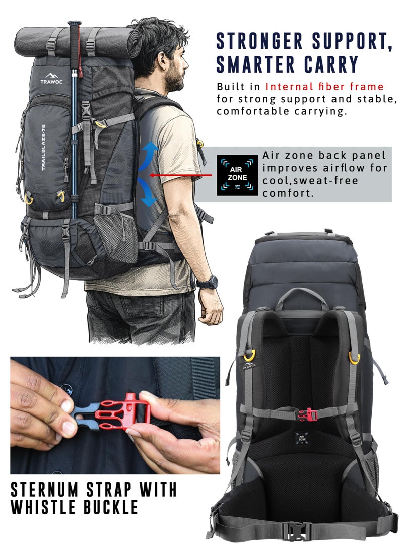 TRAWOC TRAILBLAZE 75 Liter Rucksack bag for Men & Women, Travel Backpack Camping Hiking Trekking Bag Rain Cover/Shoe Compartment, Grey, 3 Year Warranty - Image 3