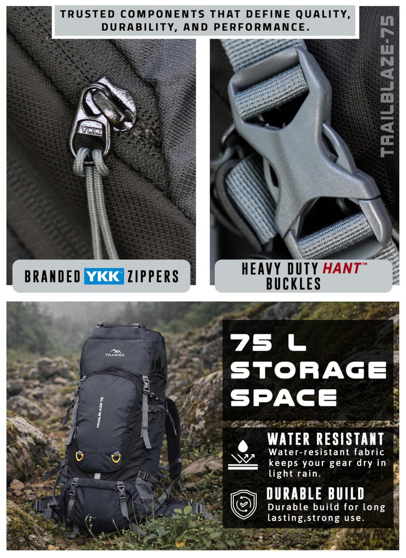 TRAWOC TRAILBLAZE 75 Liter Rucksack bag for Men & Women, Travel Backpack Camping Hiking Trekking Bag Rain Cover/Shoe Compartment, Grey, 3 Year Warranty - Image 2