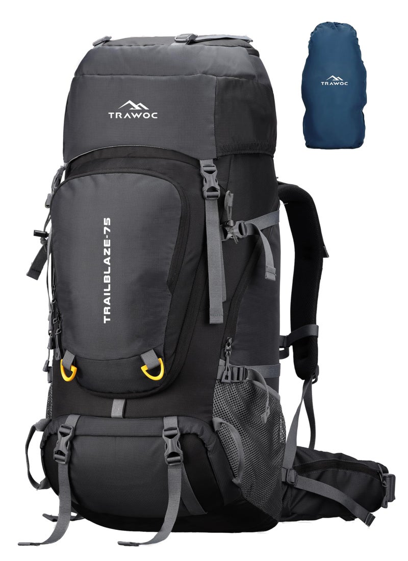 TRAWOC TRAILBLAZE 75 Liter Rucksack bag for Men & Women, Travel Backpack Camping Hiking Trekking Bag Rain Cover/Shoe Compartment, Grey, 3 Year Warranty - Image 1