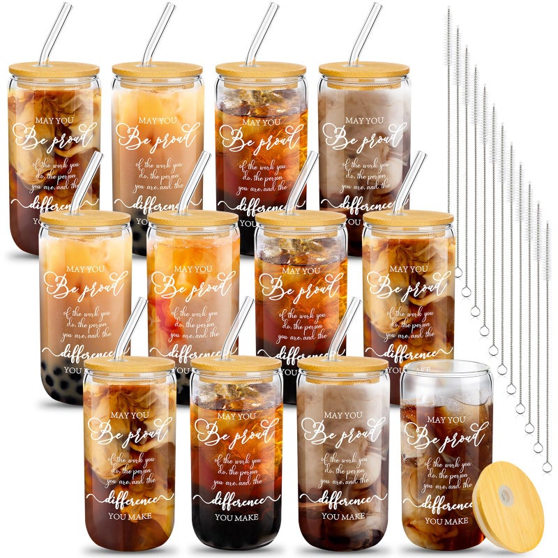 Purpeak 12 Set Employee Appreciation Gifts Appreciation Cups for Team Thank You Gifts Glass Cups for Staff Coworker 16 oz Can Shaped Beer Glass with Lids Straws BrushesMay You