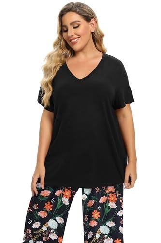 Vozanet Women's Pajamas Set Soft V Neck Sleepwear Top and Capri Pj Lounge Sets Plus Size Novel Floral Design Elegant Loungewear Capri Sets, Black/Orange, X-Large - Image 2