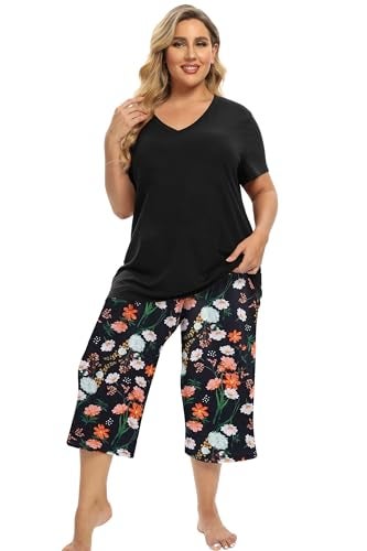Vozanet Women's Pajamas Set Soft V Neck Sleepwear Top and Capri Pj Lounge Sets Plus Size Novel Floral Design Elegant Loungewear Capri Sets, Black/Orange, X-Large - Image 1