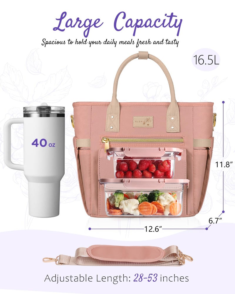 GLORIEROO Deluxe Insulated Lunch Box Bag Women - Leakproof Waterproof Cooler with Multi Pockets Removable Strap for Work Picnic - Teacher Mothers Day Christmas Birthday Gifts - Image 5