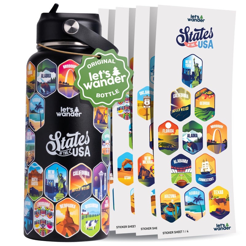 LET'S WANDER 50 States Water Bottle with Waterproof Stickers - 32oz Leakproof Insulated Stainless Steel with Straw - States of the USA Gift Bottle (Black) - Image 1