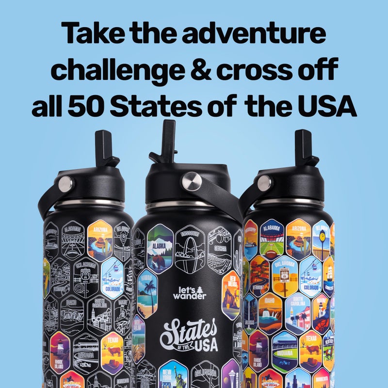 LET'S WANDER 50 States Water Bottle with Waterproof Stickers - 32oz Leakproof Insulated Stainless Steel with Straw - States of the USA Gift Bottle (Black) - Image 4