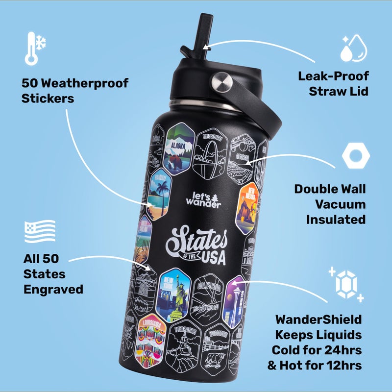LET'S WANDER 50 States Water Bottle with Waterproof Stickers - 32oz Leakproof Insulated Stainless Steel with Straw - States of the USA Gift Bottle (Black) - Image 3