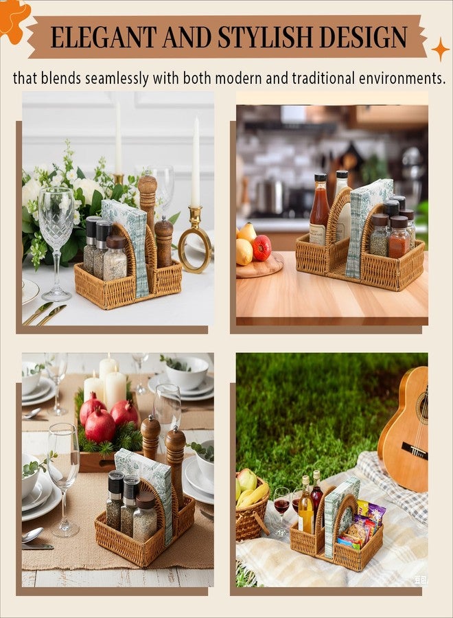 AceOrbit Boho Rattan Napkin Holder with Spice Rack Woven Dining Table Organizer for Napkins, Condiments Utensils Kitchen Counter Decor, Rustic Picnic Party Serving Caddy - Image 5