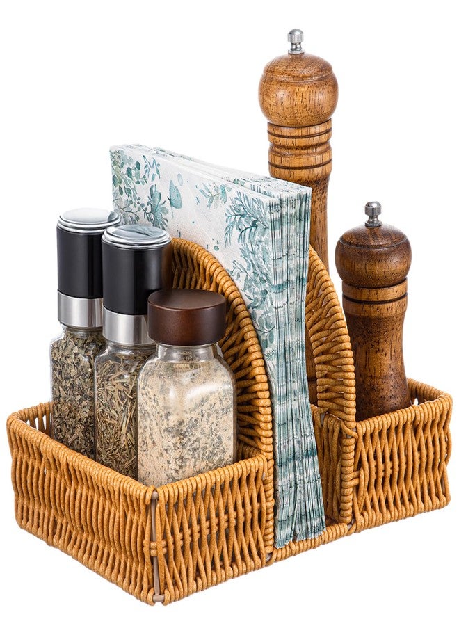 AceOrbit Boho Rattan Napkin Holder with Spice Rack Woven Dining Table Organizer for Napkins, Condiments Utensils Kitchen Counter Decor, Rustic Picnic Party Serving Caddy - Image 1