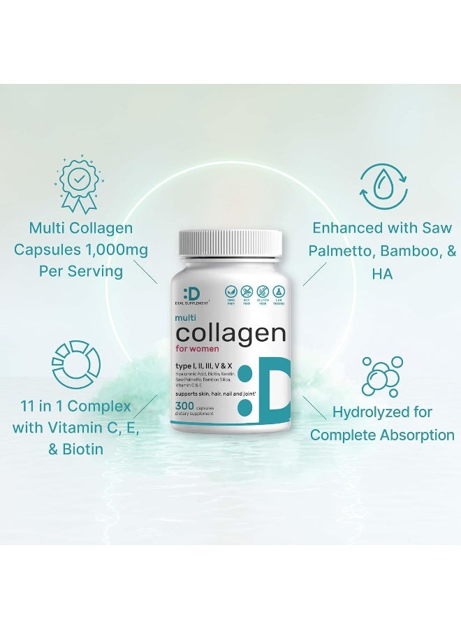 DEAL SUPPLEMENT أقراص الكولاجين المتعددة للنساء مع فيتامين C و E و البيوتين، 300 كبسولة – تركيبة 11 في 1 مع ساو بالميتو، سيليكا البامبو، وحمض الهيالورونيك – صحة الشعر والبشرة والأظافر والمفاصل - Image 4
