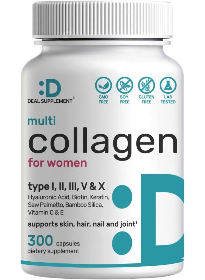 DEAL SUPPLEMENT أقراص الكولاجين المتعددة للنساء مع فيتامين C و E و البيوتين، 300 كبسولة – تركيبة 11 في 1 مع ساو بالميتو، سيليكا البامبو، وحمض الهيالورونيك – صحة الشعر والبشرة والأظافر والمفاصل - Image 1