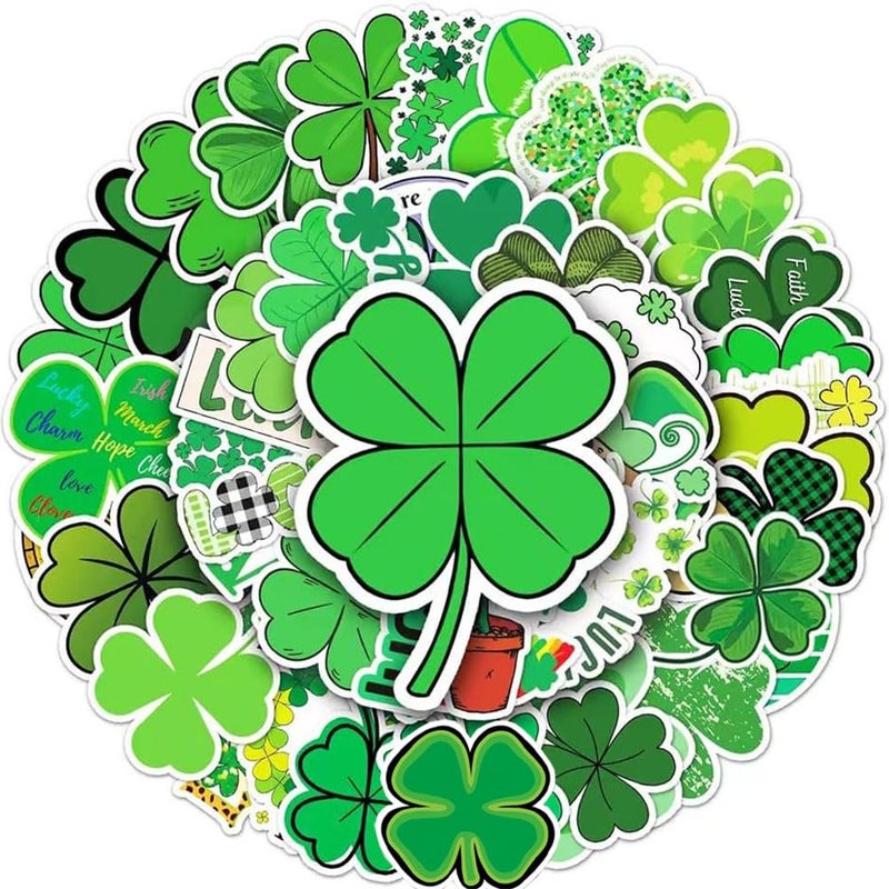 FUNWING Four Leaf Lucky Clover Stickers |50Pcs St Patricks Day Theme Waterproof Vinyl Decals for Water Bottles Bicycle Laptop Refrigerator Luggage Computer Mobile Phone Skateboard Bike - Image 1
